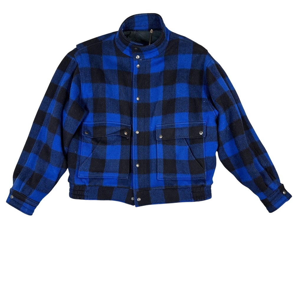 Vintage Rage Wool Buffalo Plaid Bomber Blue Black Made in Uruguay Men L-XL